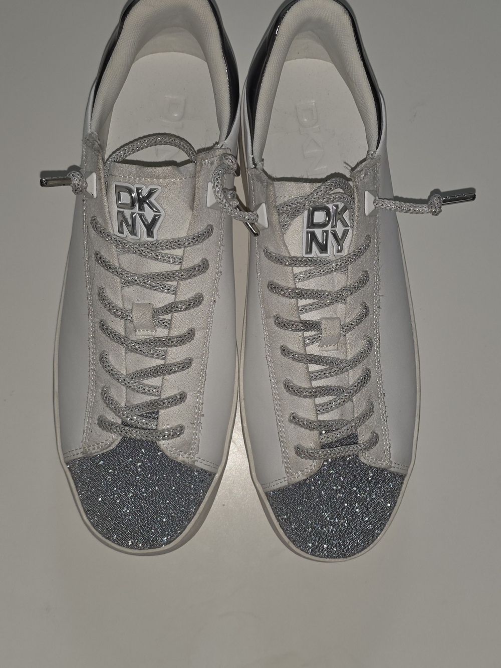 DKNY Women’s White Sneakers with Silver Glitter Toe